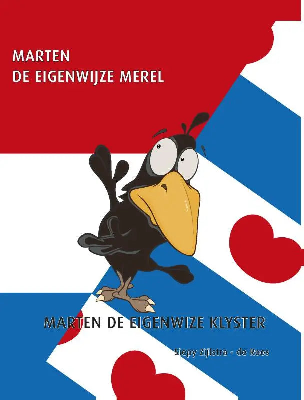Een cartoon zwarte eigenwijze merel met een gele snavel en grote ogen op een rood-wit-blauwe achtergrond met harten
