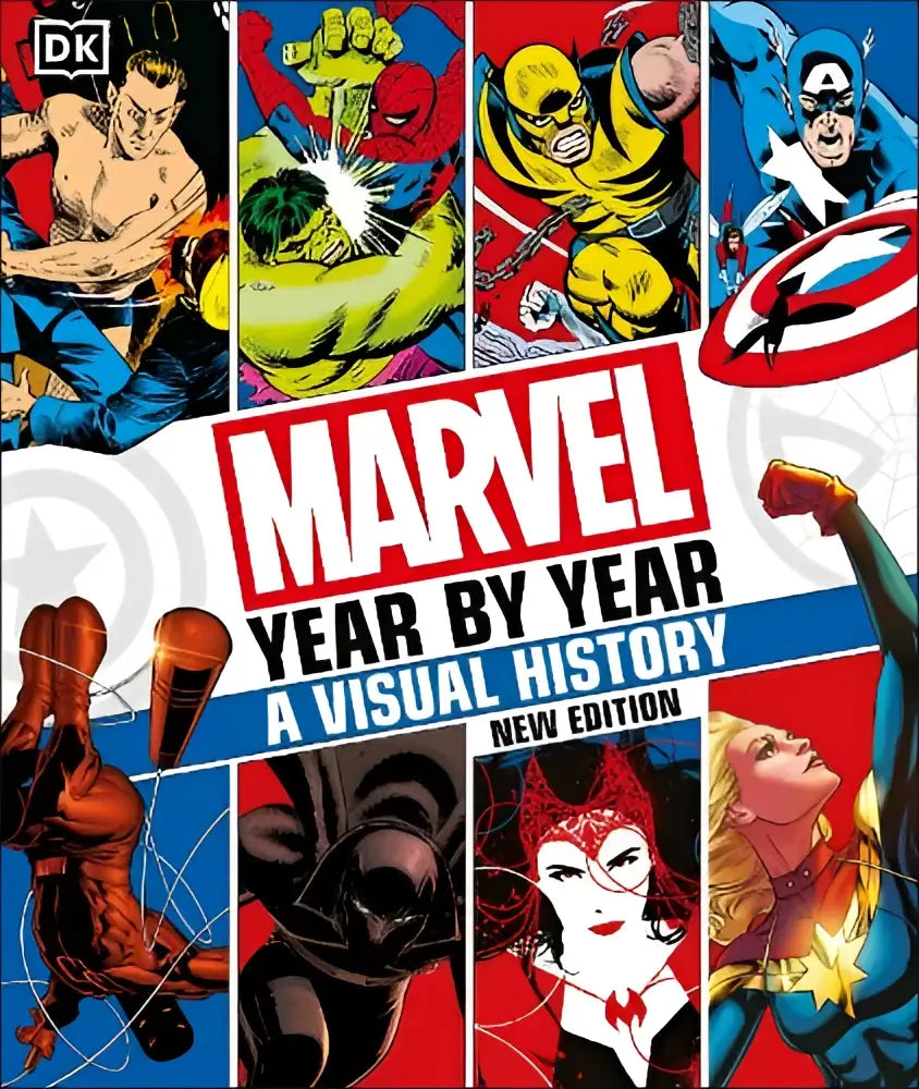 Boekcover marvel year by year a visual history new edition met iconische kleurrijke comicfiguren in dynamische poses