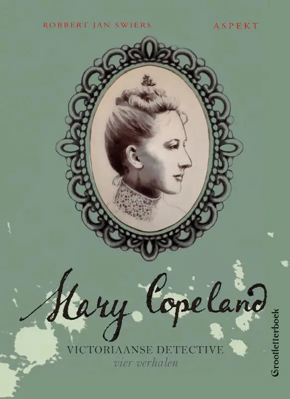 Vintage boekomslag mary copeland met sepia portret in zwart-ornamentaal ovaal medaillon tegen groen achtergrond