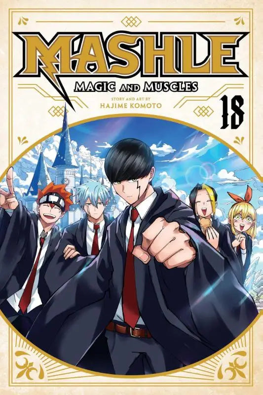 De cover van mashle magic and muscles volume 18 toont een centrale figuur in een zwarte mantel met een rode stropdas