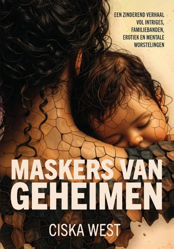 Boekcover masker van geheimen met tender illustratie van volwassene met donker krullend haar die slapend kind vasthoudt