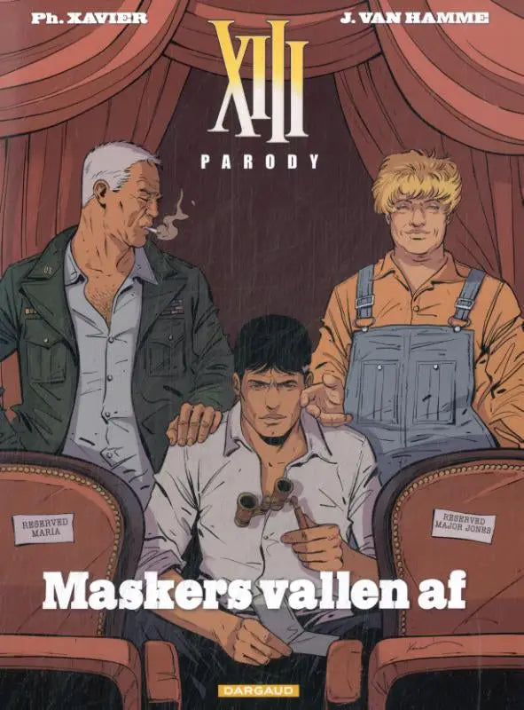 De cover van het stripboek maskers vallen af toont drie personages in een theater met rode fluwelen gordijnen dargaud benelux