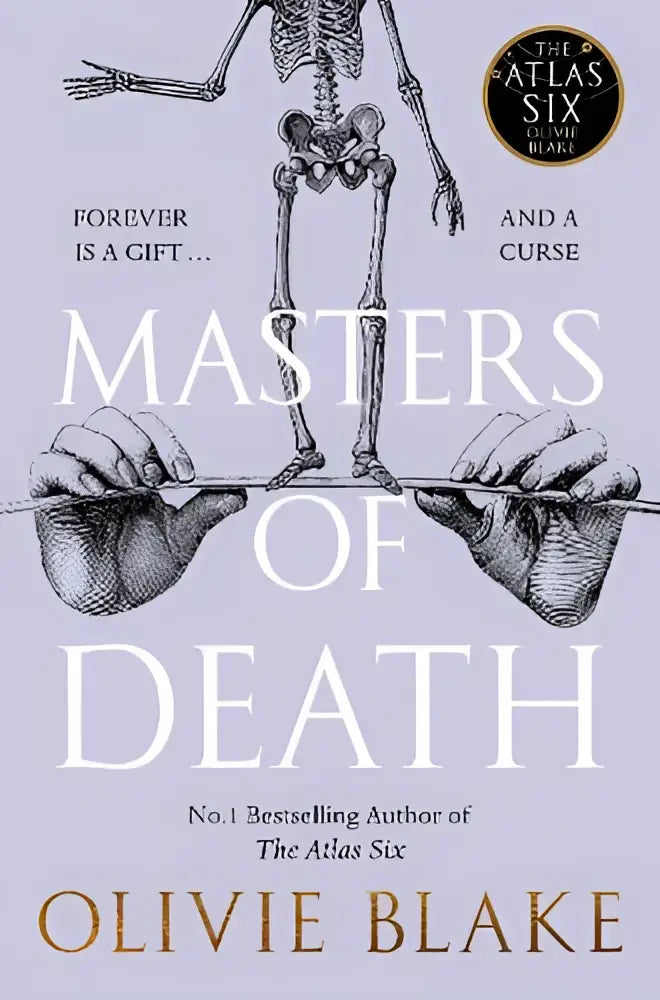 Boekcover van masters of death met een zwart-wit illustratie van een skelet tegen een lichtpaarse achtergrond