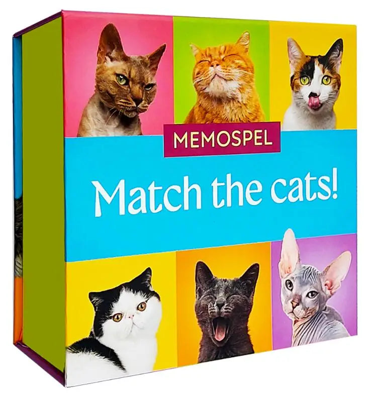 Vibrante kleurrijke doos voor match the cats spel van memospel met zes unieke kattenportretten op een heldere achtergrond