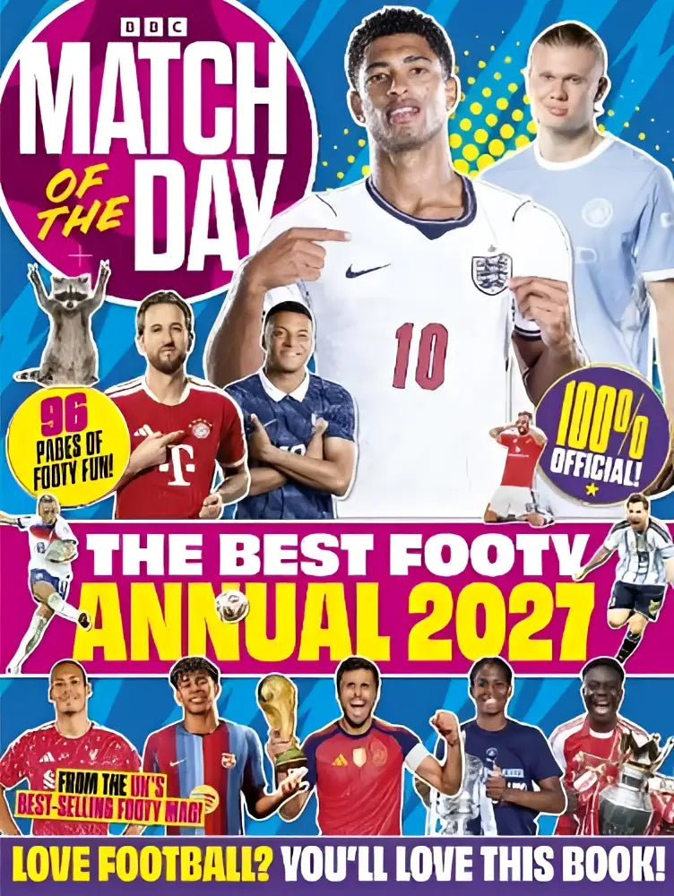 De cover van de bbc match of the day annual 2027 toont een levendig ontwerp met meerdere voetballers in actie