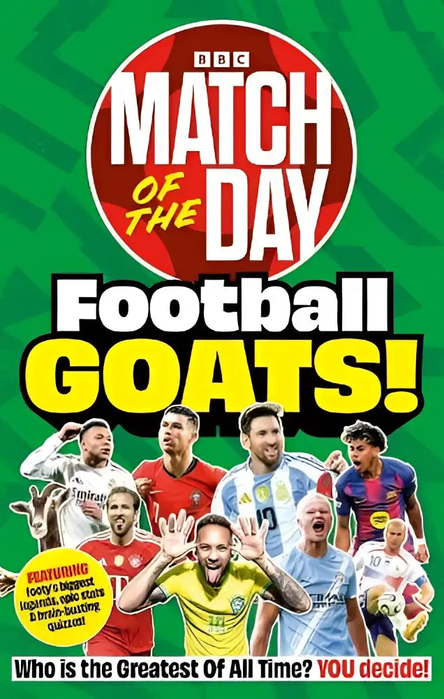 De cover van match of the day’s football goats boek met groene achtergrond en iconische football goats spelers