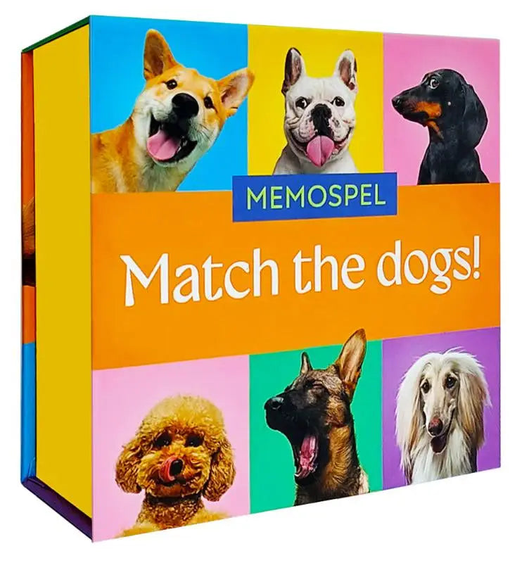 Vrolijke oranje en multicolor box van match the dogs memospel met zes hondenrassen in een leerspelontwerp