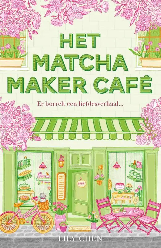 Charmant geïllustreerd boekhoes met een groen café, roze bloemen en een gestreept luifel getiteld Het Matcha Maker Café door lily gilen