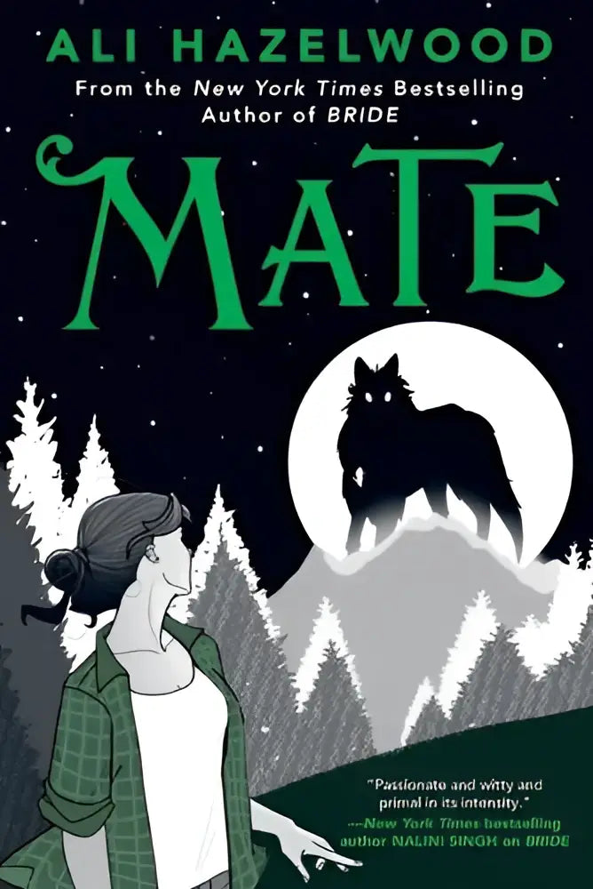 Groenrugboek mate van ali hazelwood met zwarte wolfsilhouet voor volle maan en besneeuwde dennenbomen