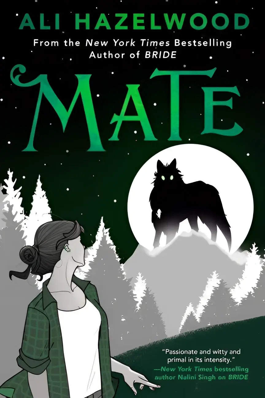 Green large print hardcover book mate by ali hazelwood with woman in plaid shirt and black wolf silhouette