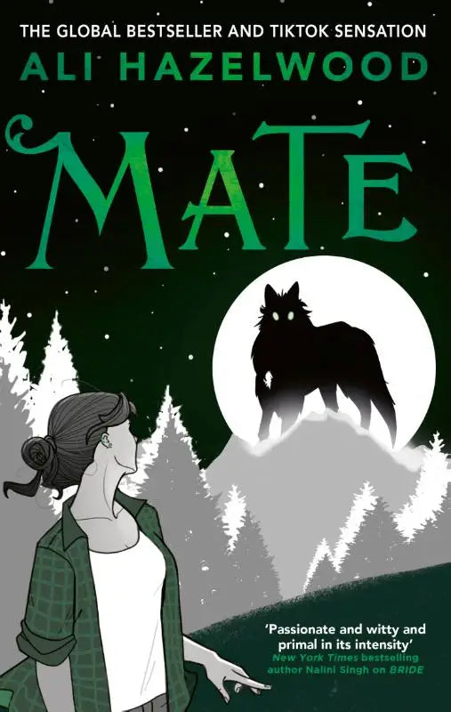 Groen en zwart geïllustreerd boek cover van mate door ali hazelwood met silhouet van wolf tegen volle maan menselijke-weer hybride metgezelroman