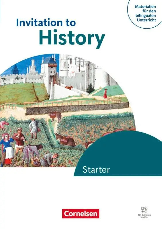 De omslag van het invitation to history starter schoolboek toont middeleeuwse boeren in aardetinten en blauw voor materialen für bilingualen unterricht