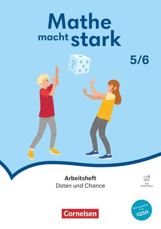 Blauw omslagen werkboek mathe macht stark 5/6 met cartoon kinderen die dobbelstenen spelen voor sek 1 gegevens en kans