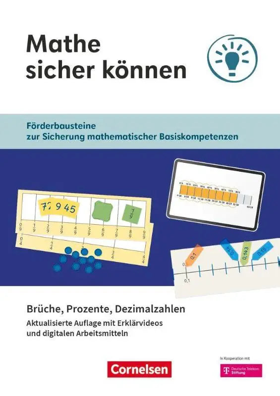 Blauw-wit werkboek mathe sicher können voor 5e-7e klas met getallenlijnen, decimale schema’s en tablet voor media gebruik