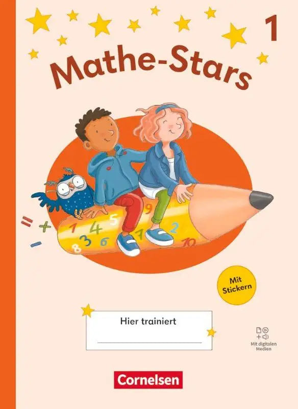 De mathe-stars 1 regelkurs ausgabe 2025 übungsheft mit lösungen und digitalen medien zeigt kinder und eule auf bleistift