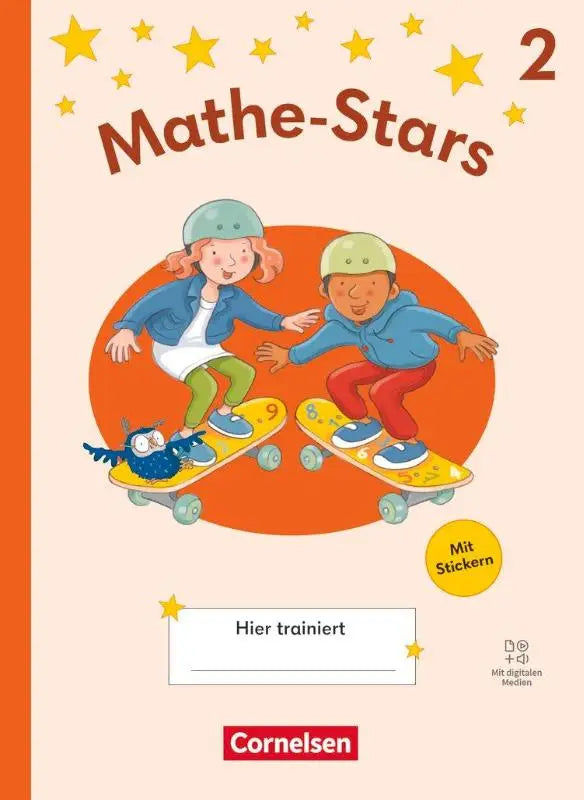 Cover van mathe-stars 2 regelkurs ausgabe 2025 übungsheft mit lösungen und digitalen medien met gele skateboards en blauwe uil