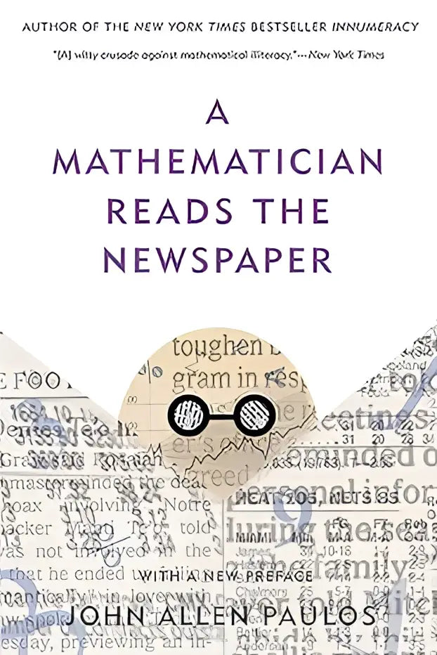 Boekomslag van Mathematician reads the newspaper met een beige cirkel en zwartgerande bril tegen krantengrijs achtergrond