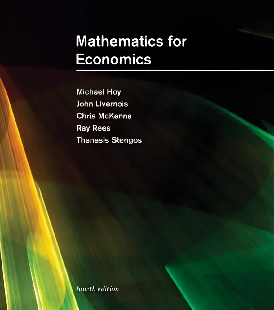 The cover of the mathematics for economics fourth edition textbook features a black background with yellow and green light streaks