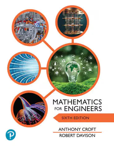 De omslag van het zesde exemplaar van mathematics for engineers toont een groene bol met gloeiende iconen en vijf cirkelvormige afbeeldingen van engineeringconcepten