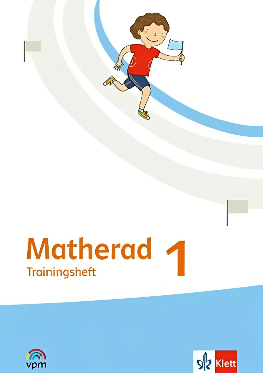 De cover van matherad 1 trainingsheft klasse 1 van klett met een kind in rode sportkleding op blauwe en witte banen