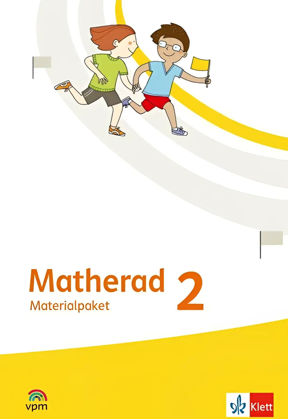 De cover van het matherad 2 materialpaket klasse 2 toont een kleurrijke illustratie van twee kinderen die rennen op een baan