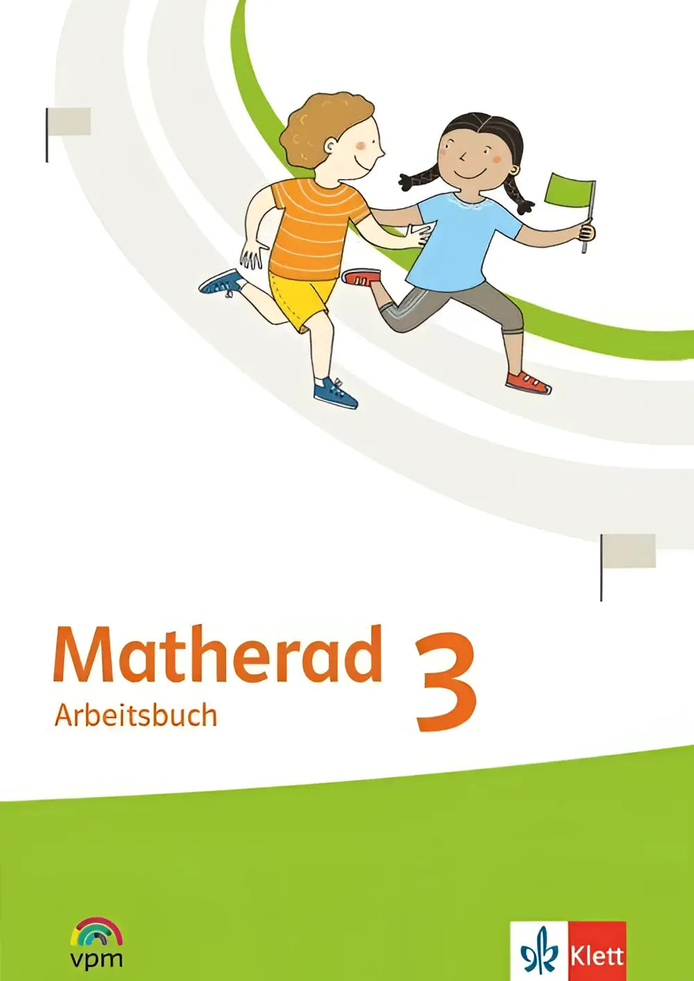 Cover van het matherad 3 arbeitsbuch klasse 3 met groene en witte kleuren en kinderen met vlaggen erop