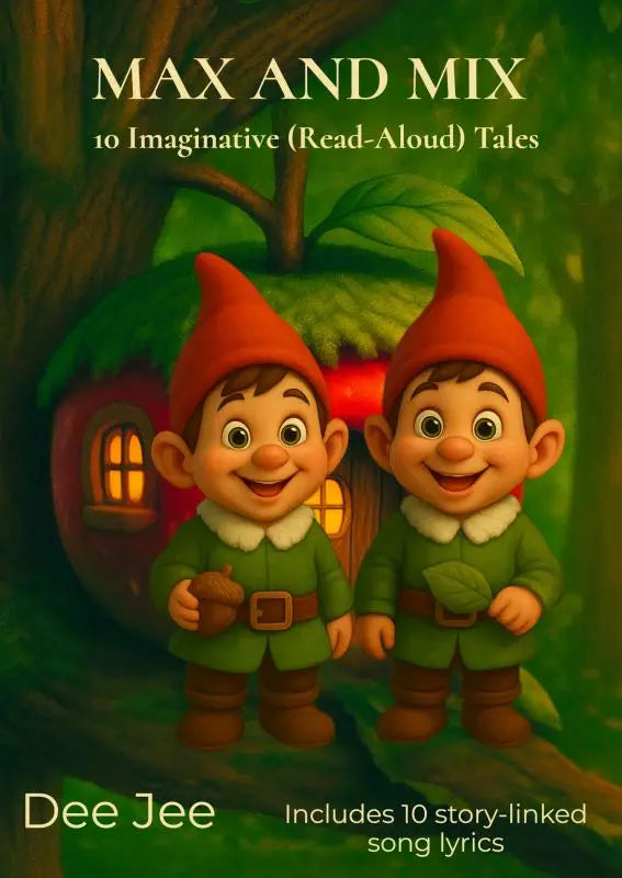 The cover of the children’s book max and mix features two cheerful gnomes in green before a cozy treehouse