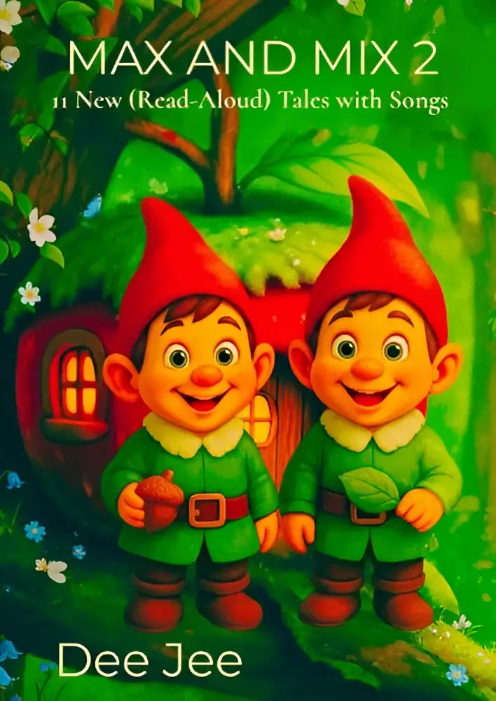 Twee vrolijke kabouters in rode hoeden en groene kleding op een bospaadje in max and mix 2 met 11 nieuwe verhalen met liedjes