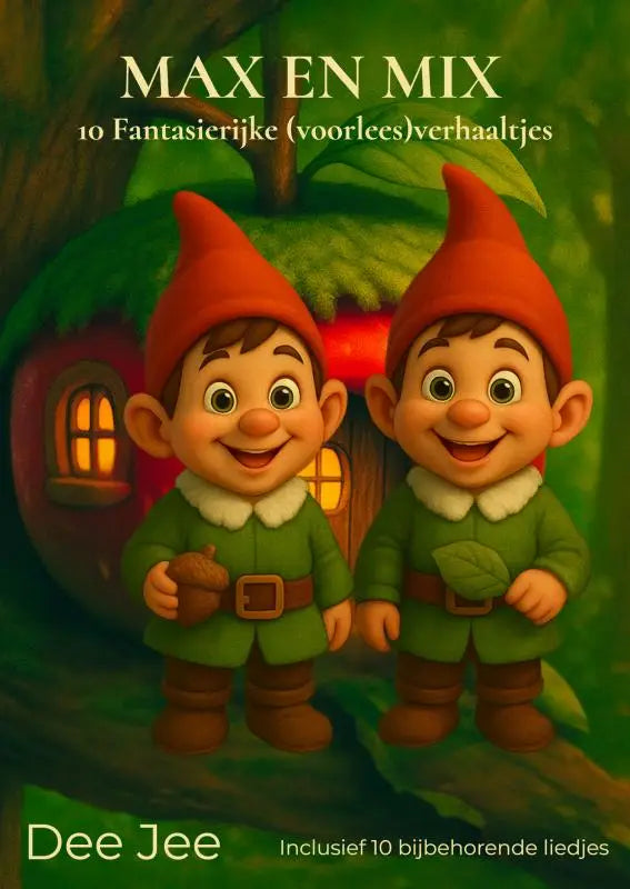 De cover van max en mix toont twee vrolijke, cartoonachtige kabouters in groene outfits en rode puntmutsen voorlees verhaaltjes voor jonge lezers