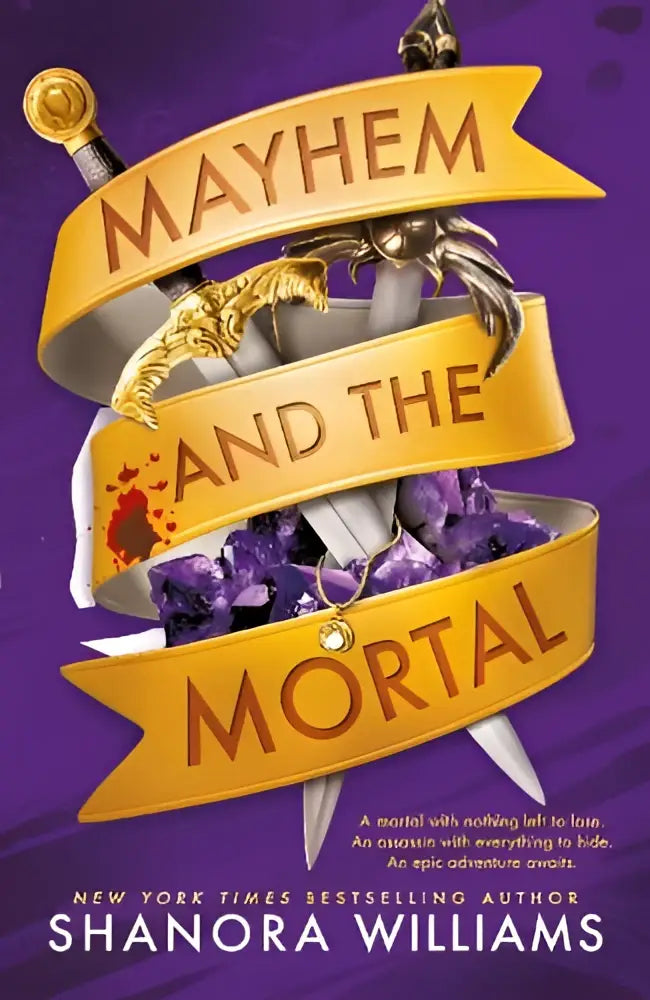 De boekcover van mayhem and the mortal heeft een levendige paarse achtergrond met gouden linten en de titel in vetgedrukte letters