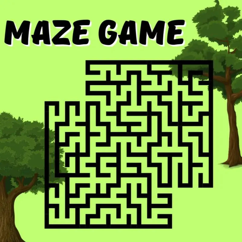 Zwart maze game puzzel op felgroene achtergrond met cartoon bomen voor recreatief spelplezier