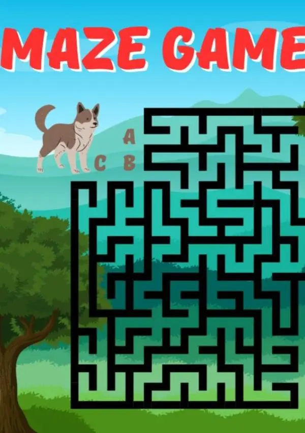 Een cartoonstijl doolhofspel met een bruin-witte hond naast het zwart omlijnde doolhof op een groene achtergrond