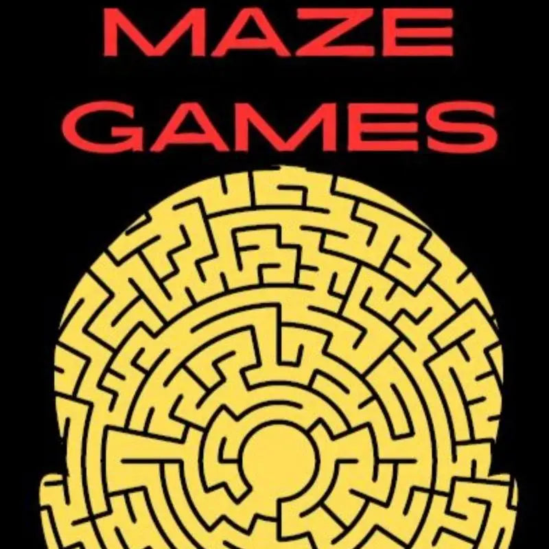 Gele cirkelvormige doolhof ontwerp op zwarte achtergrond met rode tekst maze games voor maze games puzzel product