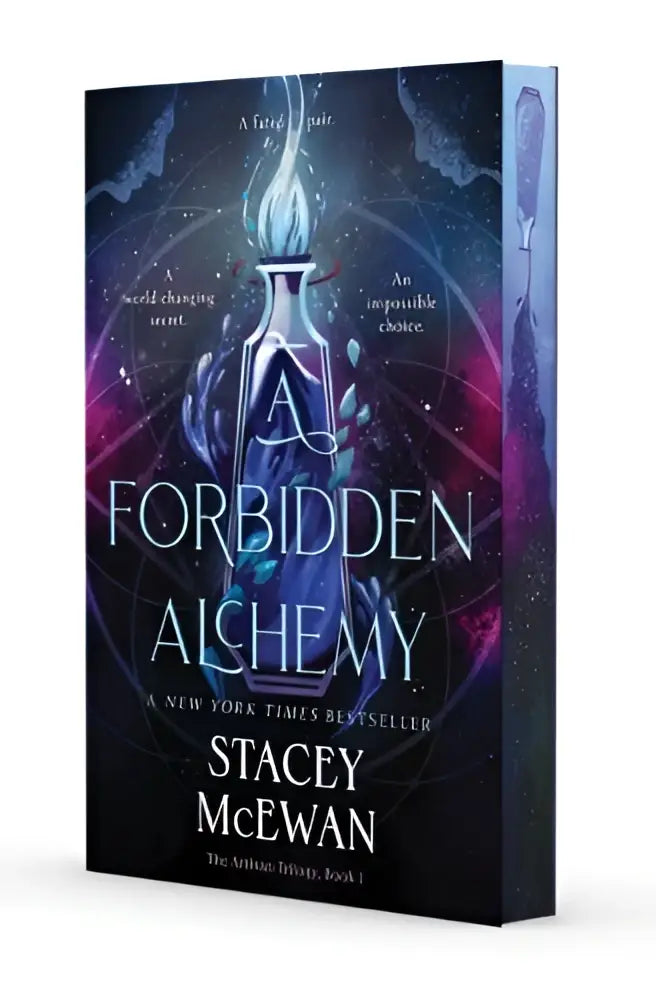 A dark blue and purple book cover of forbidden alchemy by stacey mcewan featuring a glowing alchemical flask design