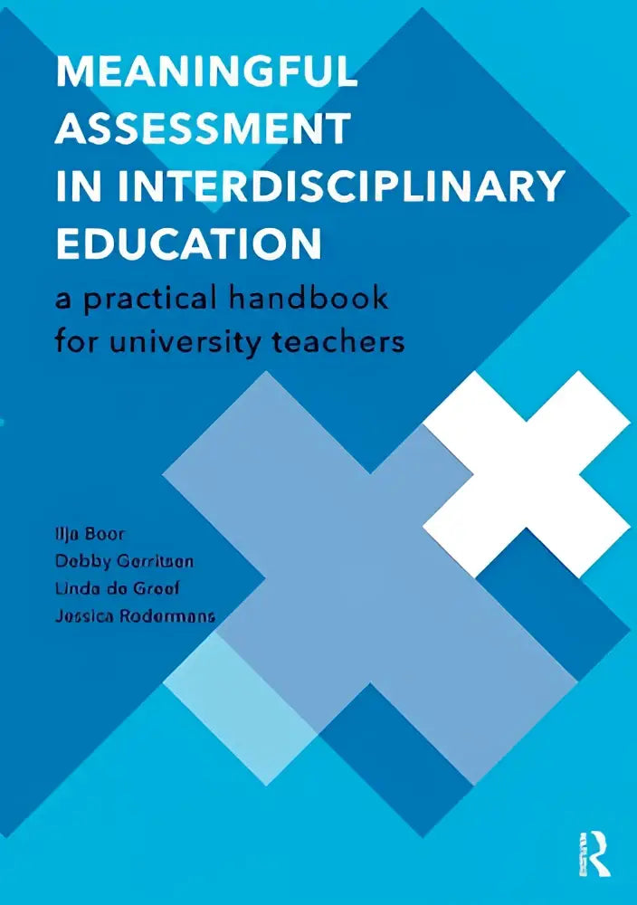 Blauw-wit geometrisch ontwerp boekomslag voor practical handbook for meaningful assessment in interdisciplinary education voor university teachers