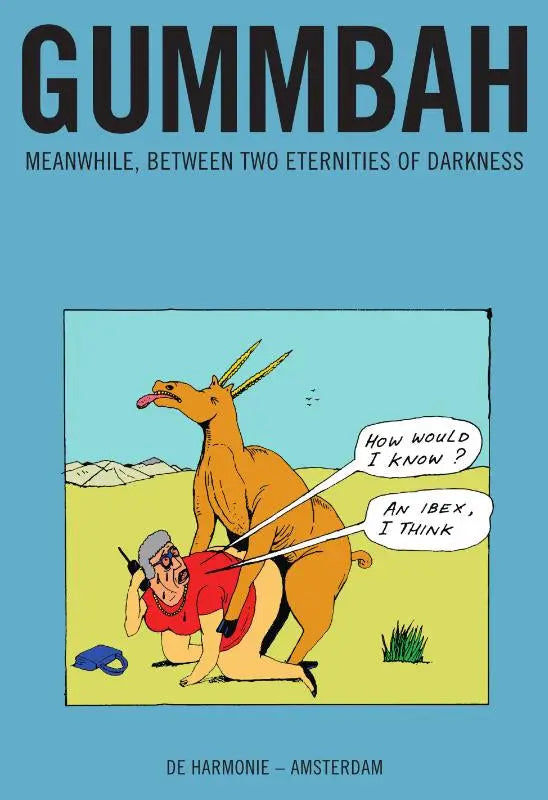 De cover van het stripboek meanwhile between two eternities of darkness toont een oranje steenbok en een man in rood kleding