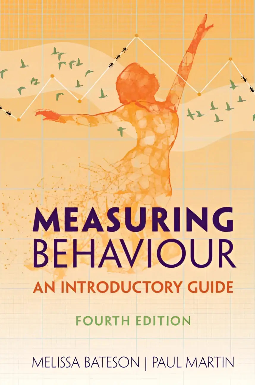 De cover van het boek measuring behaviour een introductieve gids vierde editie toont een oranje silhouet van een persoon tegen een oranje rasterachtergrond