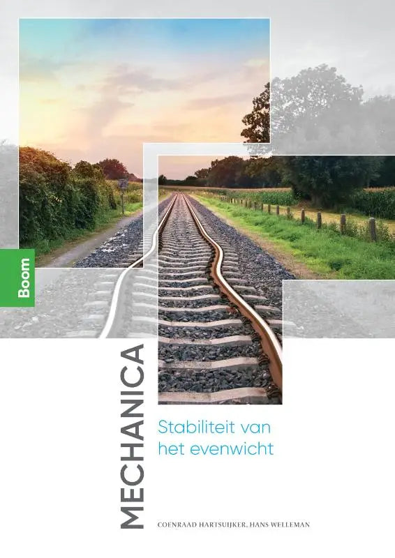 De boekcover van mechanica stabiliteit van het evenwicht toont spoorrails onder een kleurrijke zachte lucht