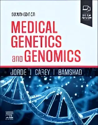 De boekcover van medical genetics and genomics toont een opvallende rode en witte titel met auteursnamen in zwarte tekst