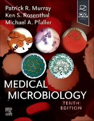 De tiende editie van medical microbiology, een studieboek met een zwart-witte omslag en kleurrijke cirkeldiagrammen