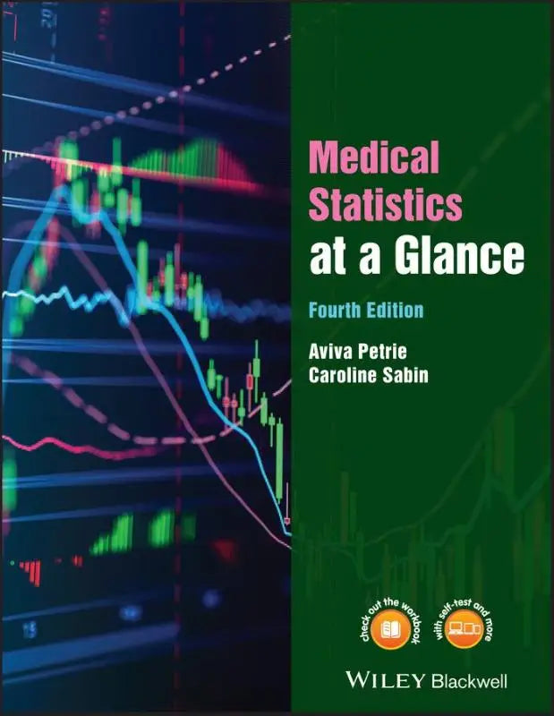 Medische statistieken at a glance vierde editie boek met donkergroene kaft en kleurrijke financiële grafieken dit nieuwe editie