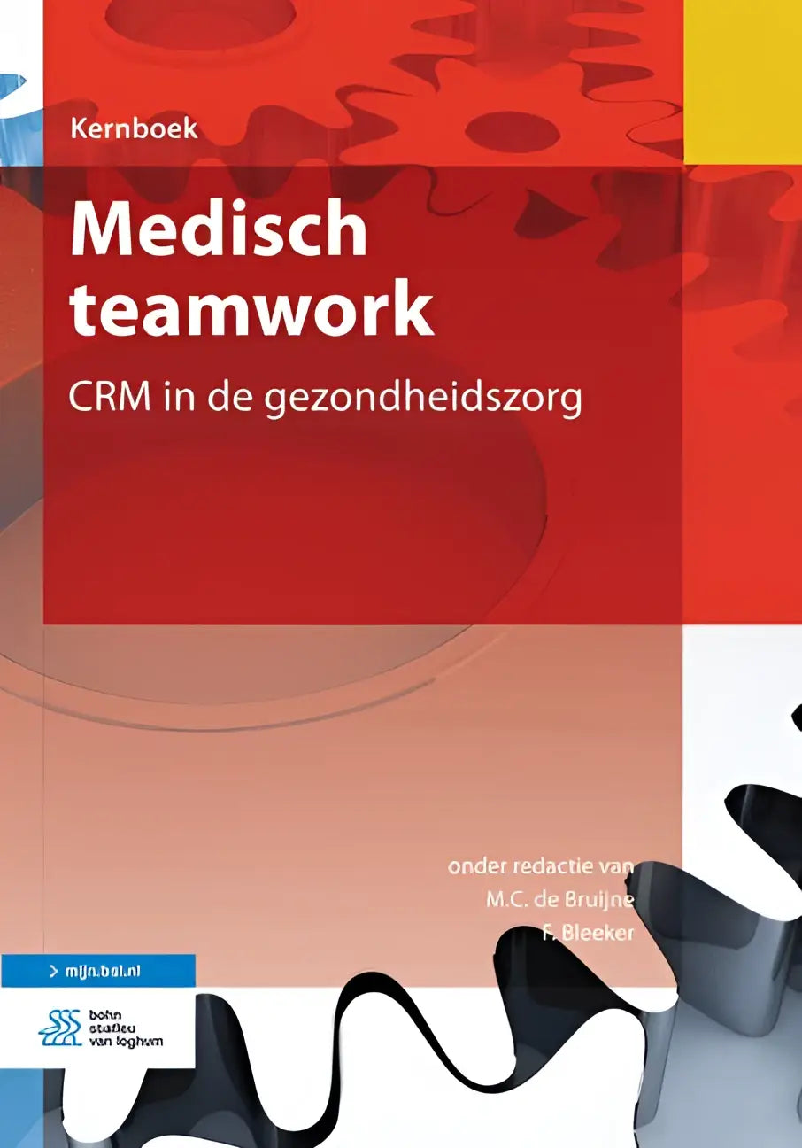 Rood boek medisch teamwork van bsl media met witte tekst en abstract ontwerp van tandwielen voor algemene onderwerpen