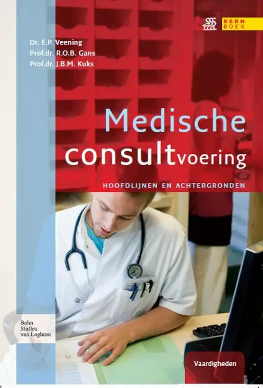 Boekcover van medische consultvoering met witte medische jas en stethoscoop op rode achtergrond voor specialistische geneeskunde
