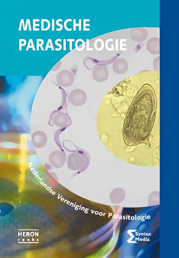 De boekcover van medische parasitologie toont medische illustratie van parasieten in rode bloedcellen met witte tekst op een teal achtergrond