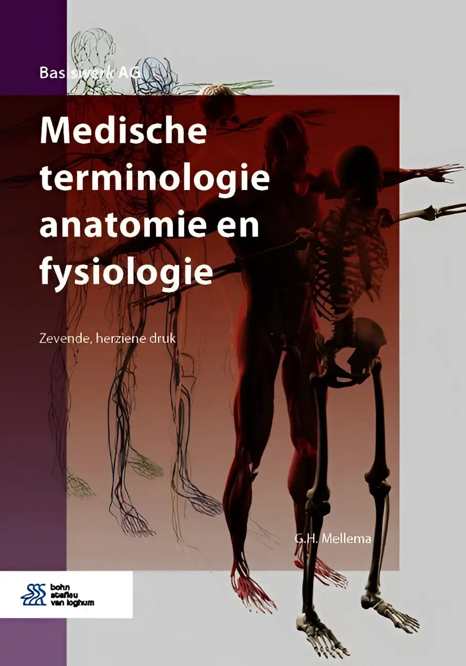 De boekcover medische terminologie anatomie en fysiologie toont anatomische figuren in donkerrood en zwart