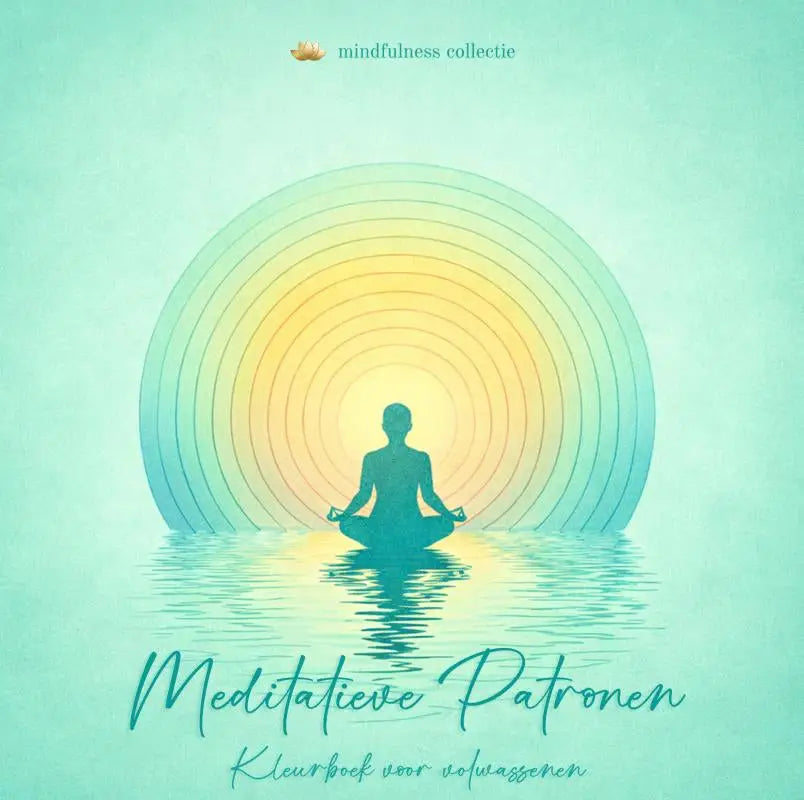 Een serene silhouet van een persoon in lotushouding met meditatieve patronen kleurboek en cirkelvormige gele tot teal patronen