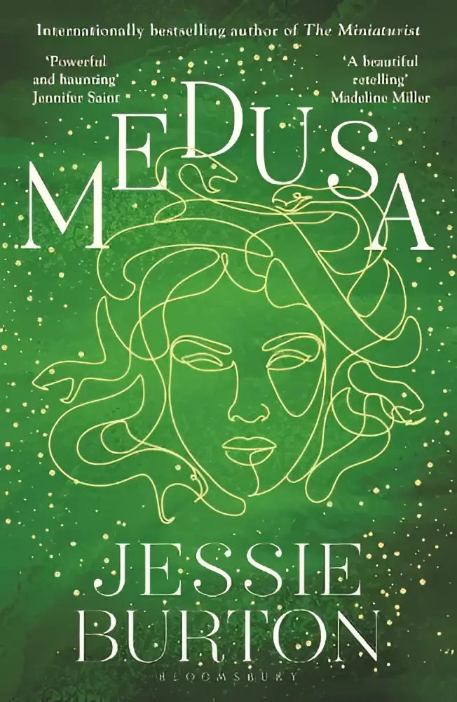 Groen boek medusa van jessie burton met witte lijntekening van medusa gezicht voor een mooie en diepgaande hervertelling