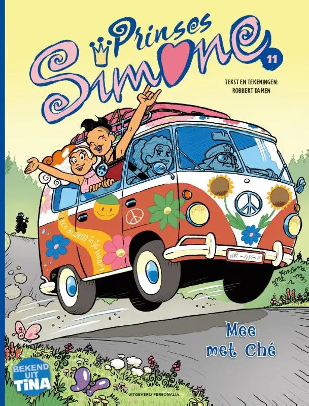 Een kleurrijke psychedelische volkswagenbus met bloemen en peace symbolen voor mee met ché door robbert damen