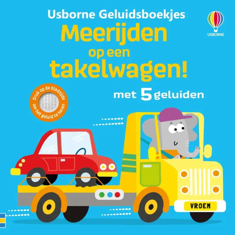 Gele cartoon takelwagen met olifant in paarse hoed als chauffeur en rode auto op plateau voor jonge lezers