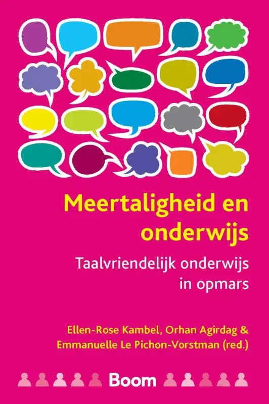 Vibrante roze boekcover met kleurrijke spraakballonnen en de titel meertaligheid en onderwijs door koninklijke boom uitgevers